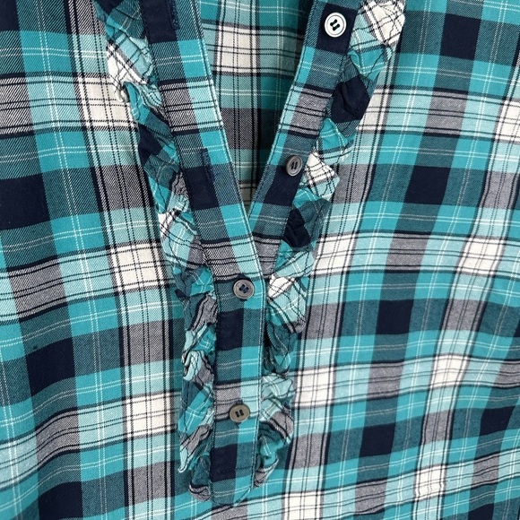 Talbots 16 Button Blouse Top Ruffle Front Plaid Roll Tab Sleeves Green Flannel - Picture 2 of 8